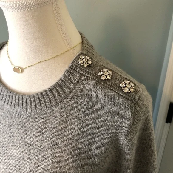 J Crew Jeweled Rhinestone Button Wool Blend Sweater. Gray. Medium - Picture 4 of 12